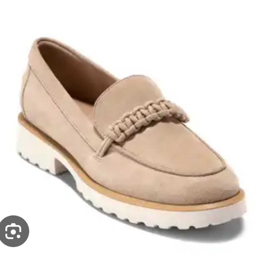 Cole Haan Greta Lug Sole Tan Suede Loafers with Braided Detail